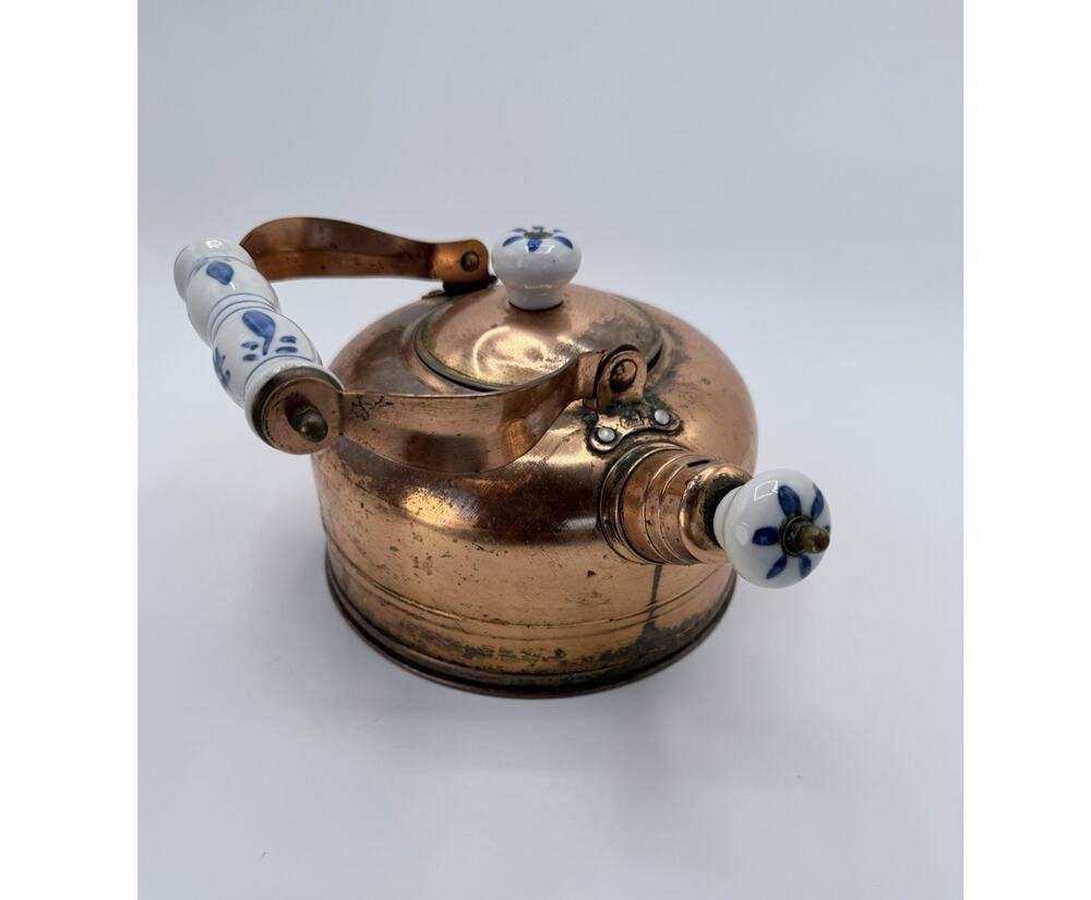 Vintage Copper Tea Kettle Blue White Porcelain Handle Knobs Cottage Decor